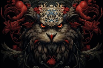 Fantasy owl portrait featuring a golden crown, red flowers, and vibrant orange eyes