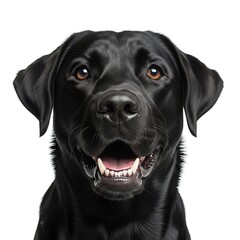 Closeup portrait of a happy black labrador retriever dog isolated on white background looking at camera