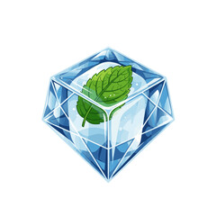 A stylized, faceted ice cube with a fresh green mint leaf frozen perfectly inside, depicted on a clean white background. © Syaiin