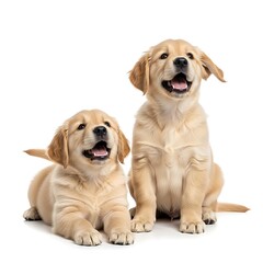 Two adorable golden retriever puppies sitting and lying on white background