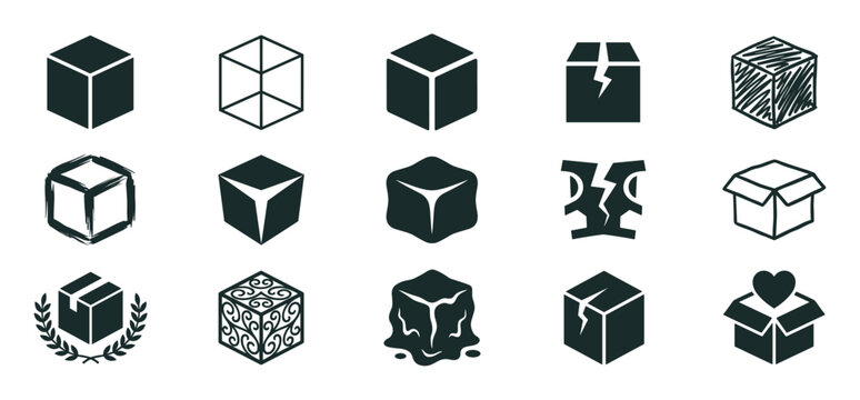 Diverse set of box and cube icons in black, representing concepts like shipping, damage, and gifts, featuring various styles including solid, outline, and decorative
