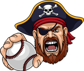 A Pirate man holding Baseball ball sports team cartoon charcater mascot illustration.