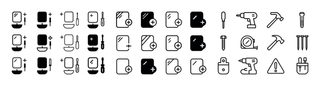 Bathroom equipment icons with tools for installation and safety