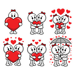 A cartoon illustration consisting of six panels, each featuring a round head and a stick figure figure. The characters are white with black outlines, they engage in various romantic gestures.