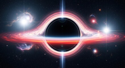 A black hole in space with a red and white ring around it.