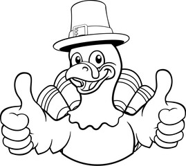 A turkey pilgrim hat Thanksgiving cartoon bird Christmas mascot giving a thumbs up