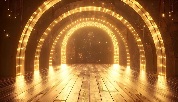 Golden Archway Tunnel Entrance Illuminated With Sparkling Lights And Glittering Particles In An Abstract Futuristic