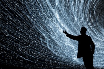 A silhouette explores a digital vortex, symbolizing innovation and the future of technology.