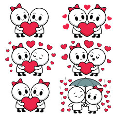 A cartoon illustration consisting of six panels, each featuring a round head and a stick figure figure. The characters are white with black outlines, they engage in various romantic gestures.