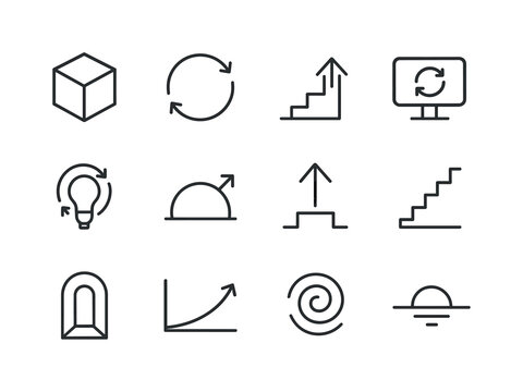 Paradigm Shift Icons. paradigm shift. Line icon set of paradigm shift: transformation box, update cycle, breakthrough arrow, system reboot, idea refresh,