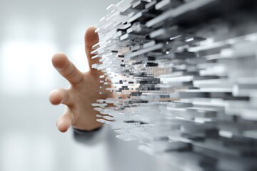 A hand reaching towards a digital abstraction of innovation and connectivity.