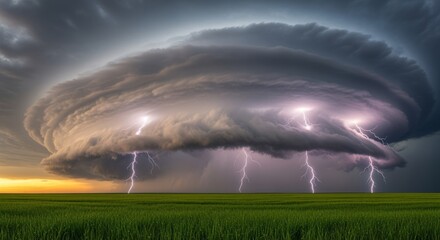 Massive Supercell Thunderstorm With Multiple Lightning Strikes Over Green Field