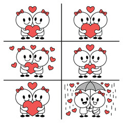 A cartoon illustration consisting of six panels, each featuring a round head and a stick figure figure. The characters are white with black outlines, they engage in various romantic gestures.