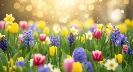 A vibrant spring garden with a golden bokeh background, featuring a variety of colorful flowers including tulips, daffodils, and hyacinths.