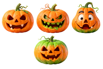 Five Halloween Pumpkins with Carved Faces