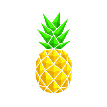 Stylized low-poly pineapple illustration with geometric facets in vibrant yellow and green colors on a white background.