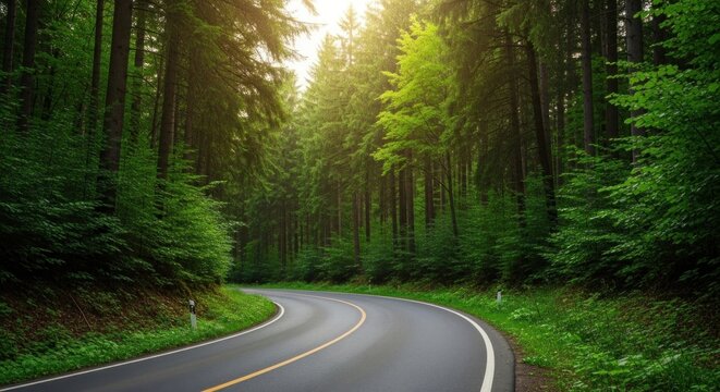 A winding road through a dense forest with green trees and sunlight filtering through the canopy. - Powered by Adobe