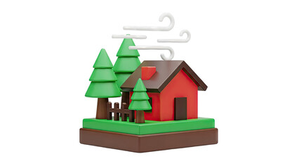 3D Red House with Trees and Wind