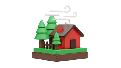 3D Red House with Trees and Wind