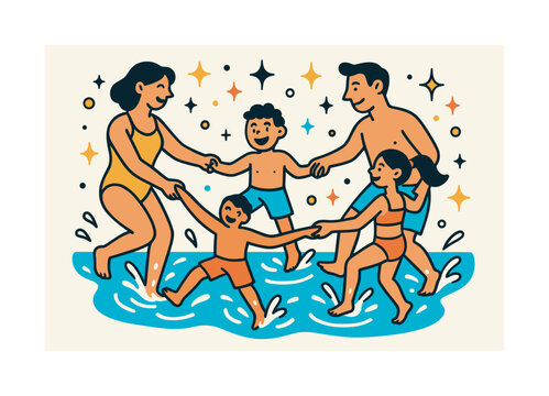 Joyful Family Swim. Summer family dip. Everyone holds hands in a circle, kicking water happily; abstract sparkles highlight togetherness. Modern flat-line