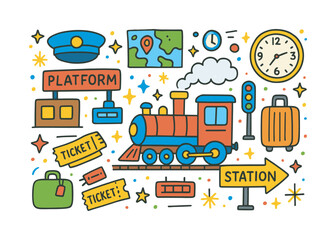 Naklejka premium Colorful Train Station Doodles. Train Station. Colorful Hand-drawn doodle Children illustration Train Station train engine, platform, conductor hat, tracks,
