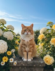Orange Cat Surrounded by Flowers in Garden