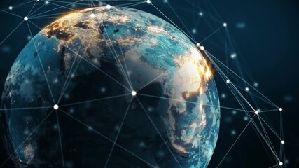 Animation of globe and network of connections over blue background - Powered by Adobe