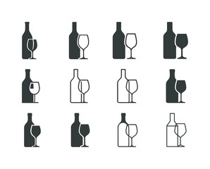 Fine Dining Icons. fine dining. Icon set. Set Logo of fine dining: wine bottle and glass silhouette. harmonious logo variations of the same emblematic concept,