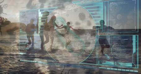 Animation of covid 19 virus cells over screen with data and diverse friends on beach - Powered by Adobe