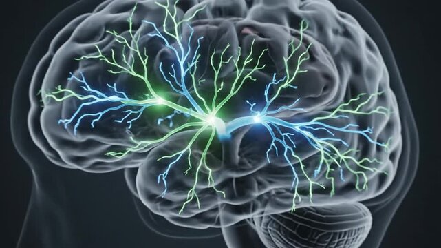 Animated 3D model of the human brain showing interneurons and neural pathways