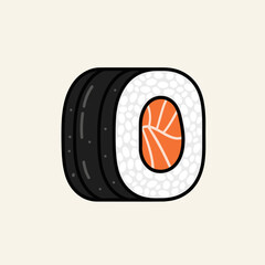 Simple cartoon illustration of a single salmon maki sushi roll on a light background, showcasing Japanese cuisine. © Syaiin