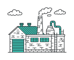 Obraz premium Factory Exterior Doodle. Factory Building Exterior. Hand-drawn doodle illustration Factory Building Exterior large warehouse (accented #1fa391), smokestack,