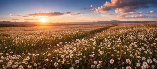 Dreamy Meadow of Daisies at Golden Hour Landscape in Summer