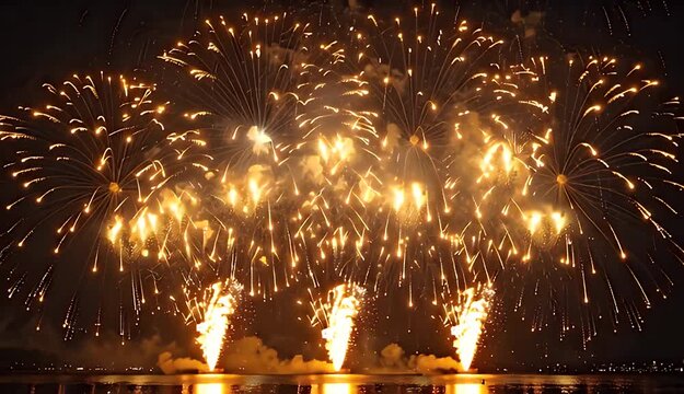Golden Fireworks Exploding in a Night Sky Over Calm Water Reflecting the Lights