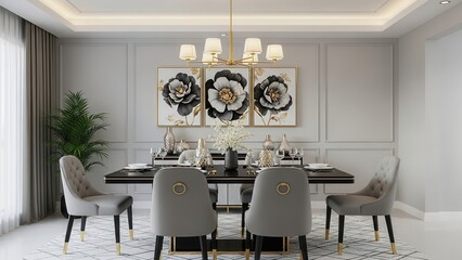 Modern dining room with elegant table setting and floral artwork chairs luxury