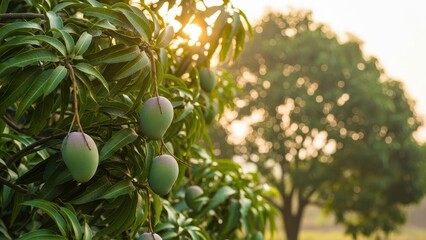 Green mangoes hanging from tree with blurred background at sunset mango fruit