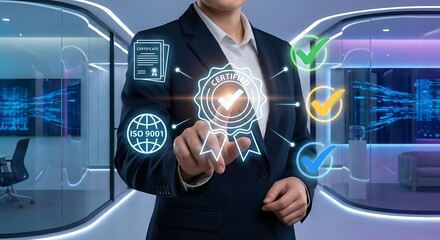 Businesswoman interacting with social media icons on a virtual touchscreen interface in a modern digital workspace