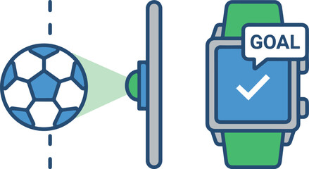 Goal-line technology concept illustrating a soccer ball crossing the line and a sensor triggering a smartwatch goal notification, vector illustration.