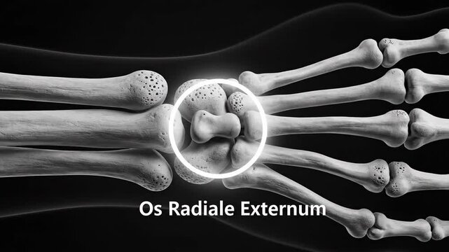 Medical animation showing the Os Radiale Externum in the human wrist, with camera travel