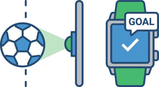Goal-line technology concept illustrating a soccer ball crossing the line and a sensor triggering a smartwatch goal notification, vector illustration.