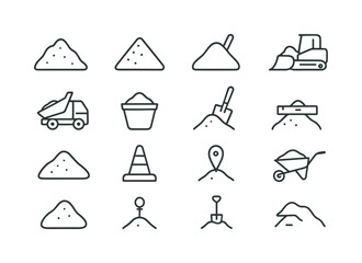 Construction Mound Icons. Construction mounds. Line icon set of Construction mounds: dirt pile, gravel mound, sand pile, bulldozer scoop, dump truck load, soil