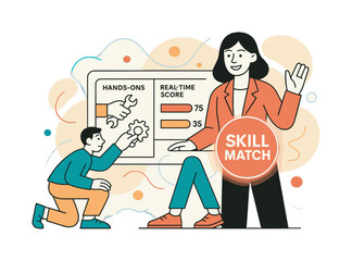 Digital Hiring Dashboard. Future of hiring. A digital dashboard compares hands-on tasks and real-time scores while a recruiter smiles behind a glowing ?Skill