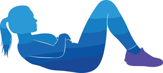 Fitness woman doing abdominal workout sit up exercise silhouette illustration for health training, gym, sports activity and active lifestyle design