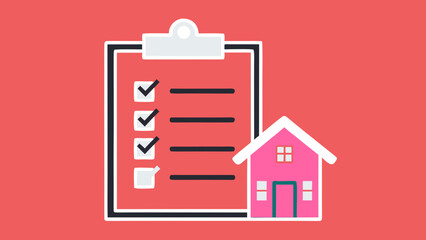 Real estate checklist with pink house and completed tasks on clipboard