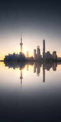 Naklejka premium Shanghai Skyline Dawn with Golden Light and Reflection in Calm Waters