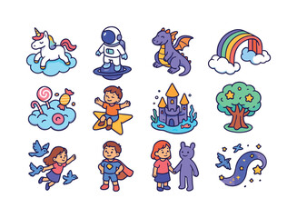 Fototapeta premium Children's Dreamland Icons. Children?s dreams. Colorful isometric vector icons set of children?s dreams: floating unicorn, space explorer, friendly dragon,