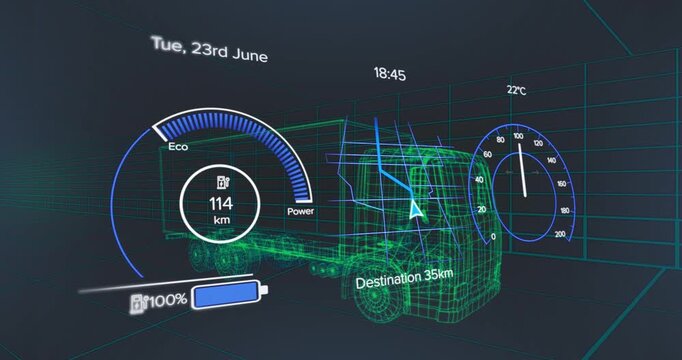Animation of speedometer over electric truck project on navy background