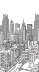 Detailed overhead perspective drawing illustrates a dense metropolitan cityscape with varied architectural styles