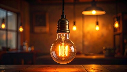 Glowing light bulb hanging in dark room emitting warm orange illumination