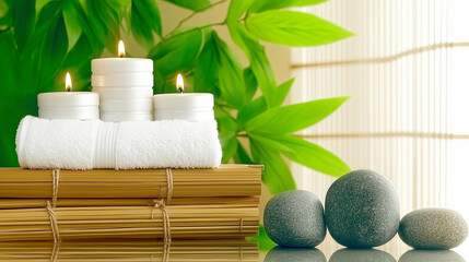 Relaksująca kompozycja spa: białe świece na ręczniku, bambus i kamienie zen na tle soczystych, zielonych liści.